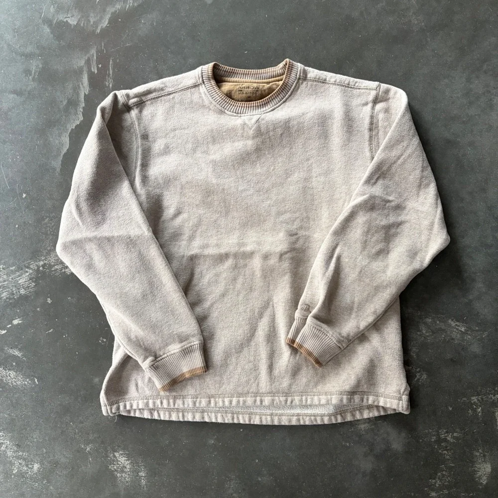 Arrow USA 1851 Mens Crewneck Sweatshirt Tan Beige Ribbed Trim Medium